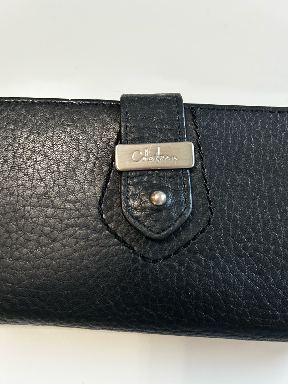 Cole Haan Black Pebbled Leather Zip Wallet with Snap Strap - Picture 2 of 6